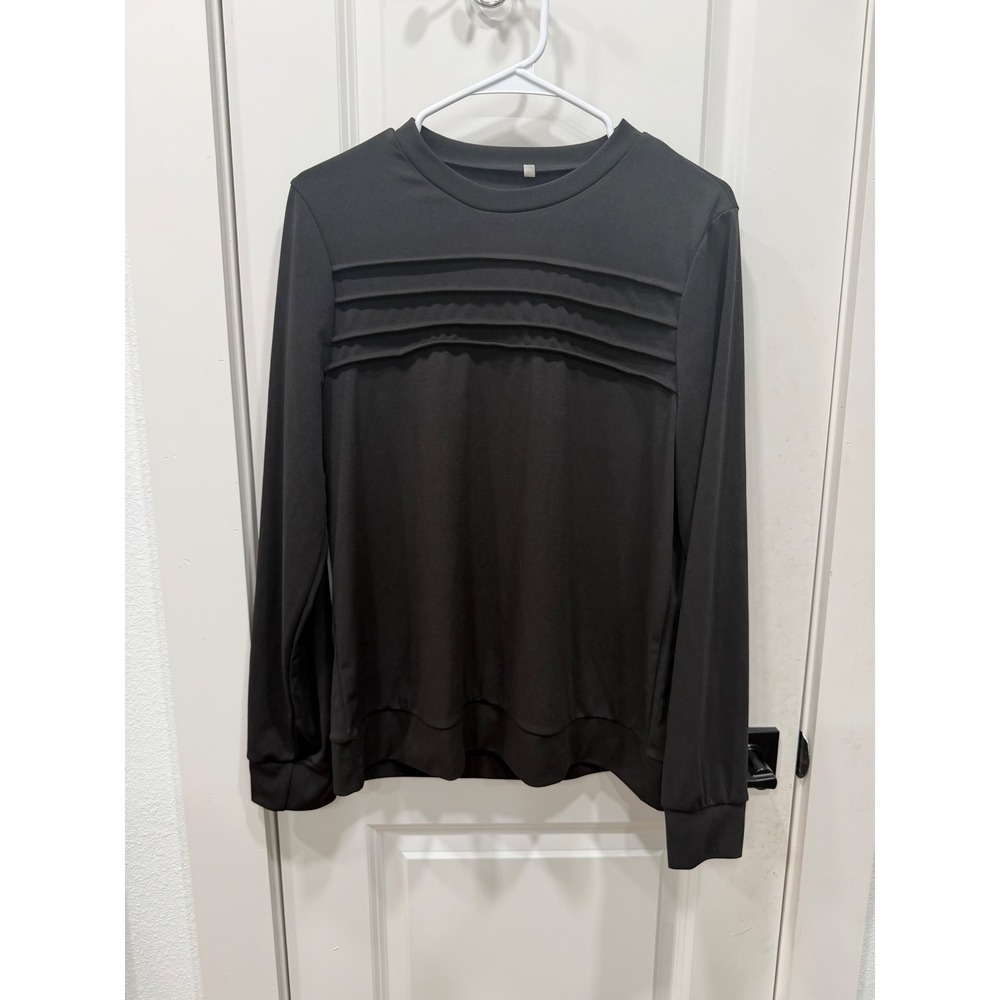 Black Long Sleeve Pleated Chest Pullover Top Crew‎ Neck Sweatshirt Mens Large
